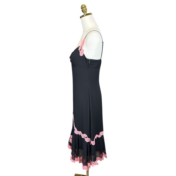 RARE BCBGMAXAZRIA Black Midi Dress Pink Floral Lace Trim Sweetheart Slip Dress 6 - Picture 5 of 13